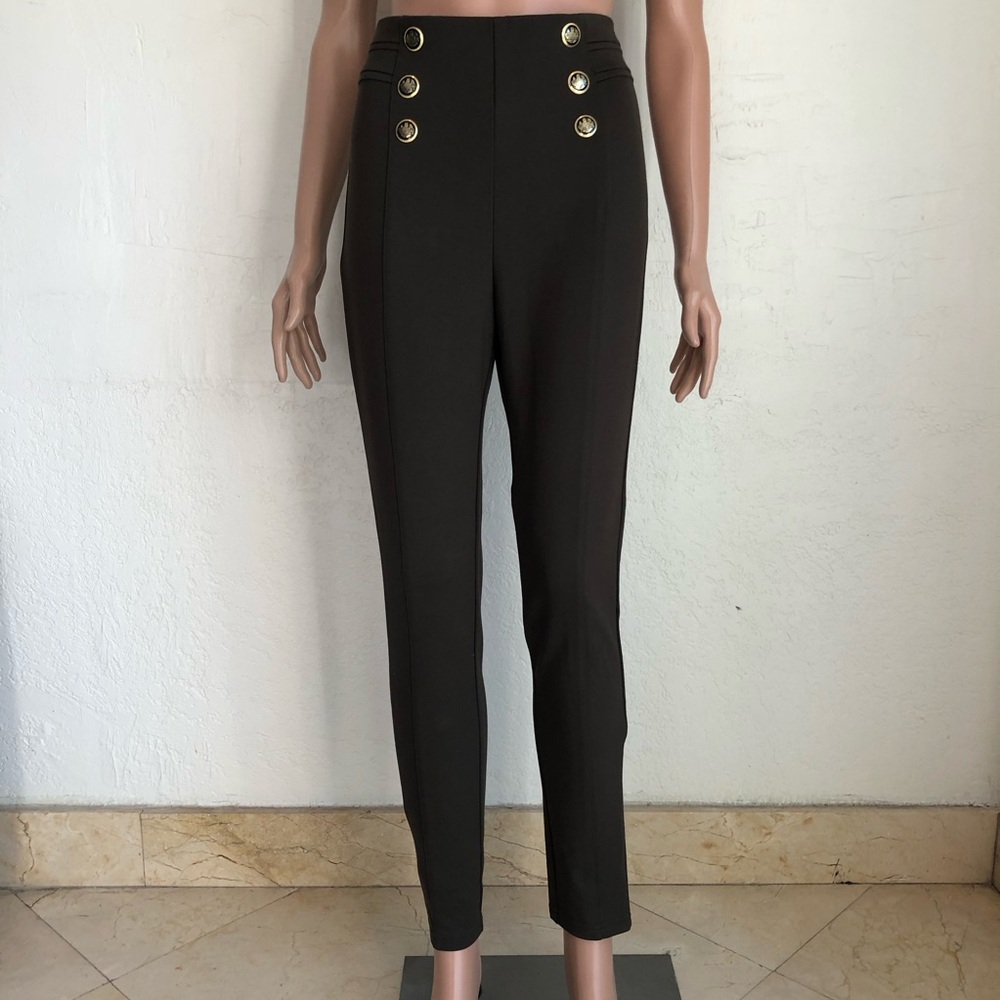 Zara Olive Green High-Waisted Leggings Pants Front Buttons Women’s Size L NWT